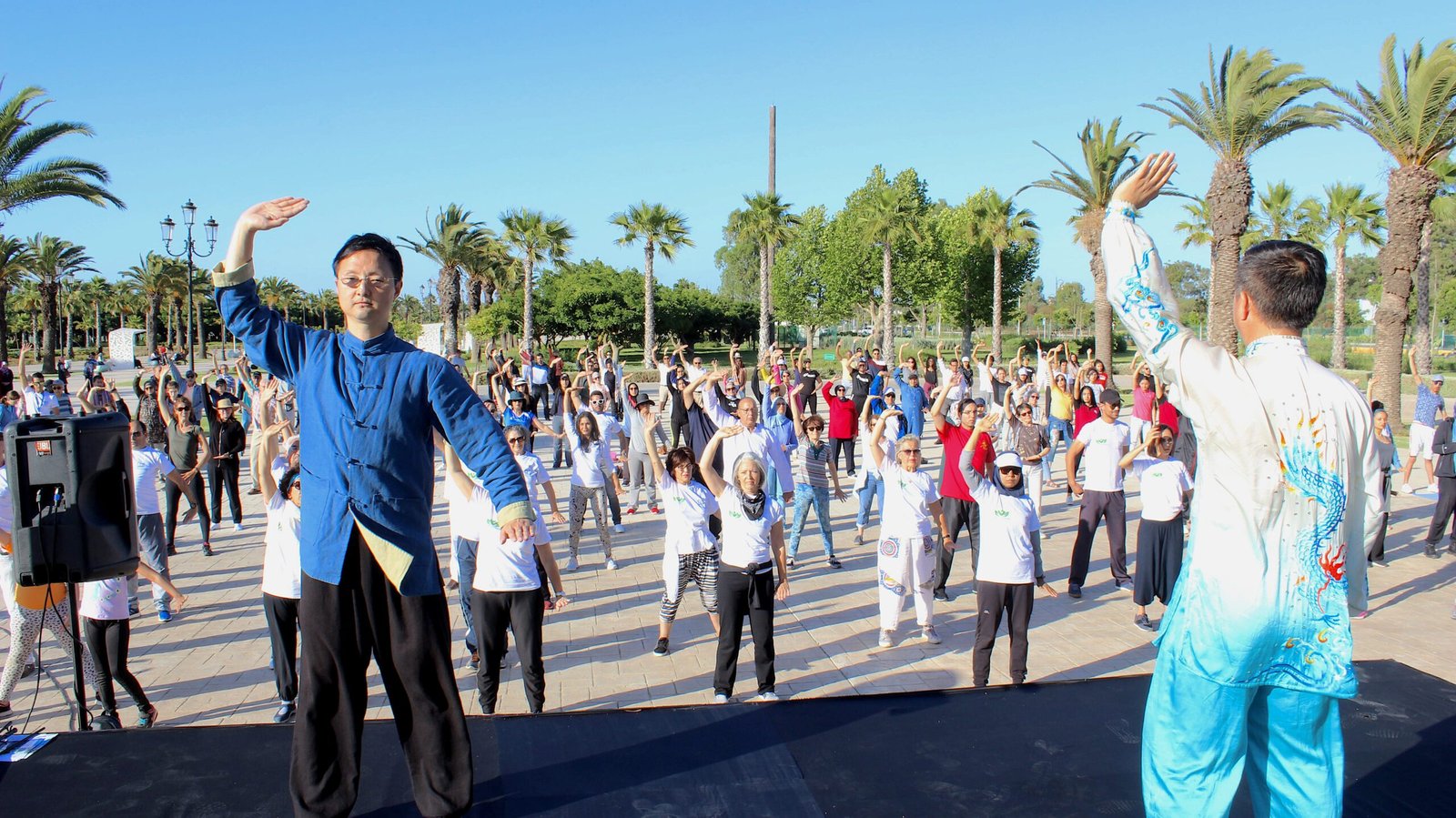 Un grand groupe de pratiquants en séance de Qigong sur un terrain en plein air